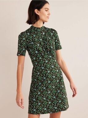 Boden Green Floral Mock-Neck Mini Dress - Size 14L
